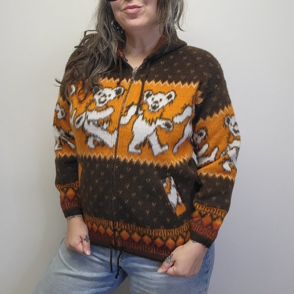 GRATEFUL DEAD Bears Fuzzy Wool/Cotton Zip Hoodie Sweater Brown Orange Unisex S - Picture 2 of 11